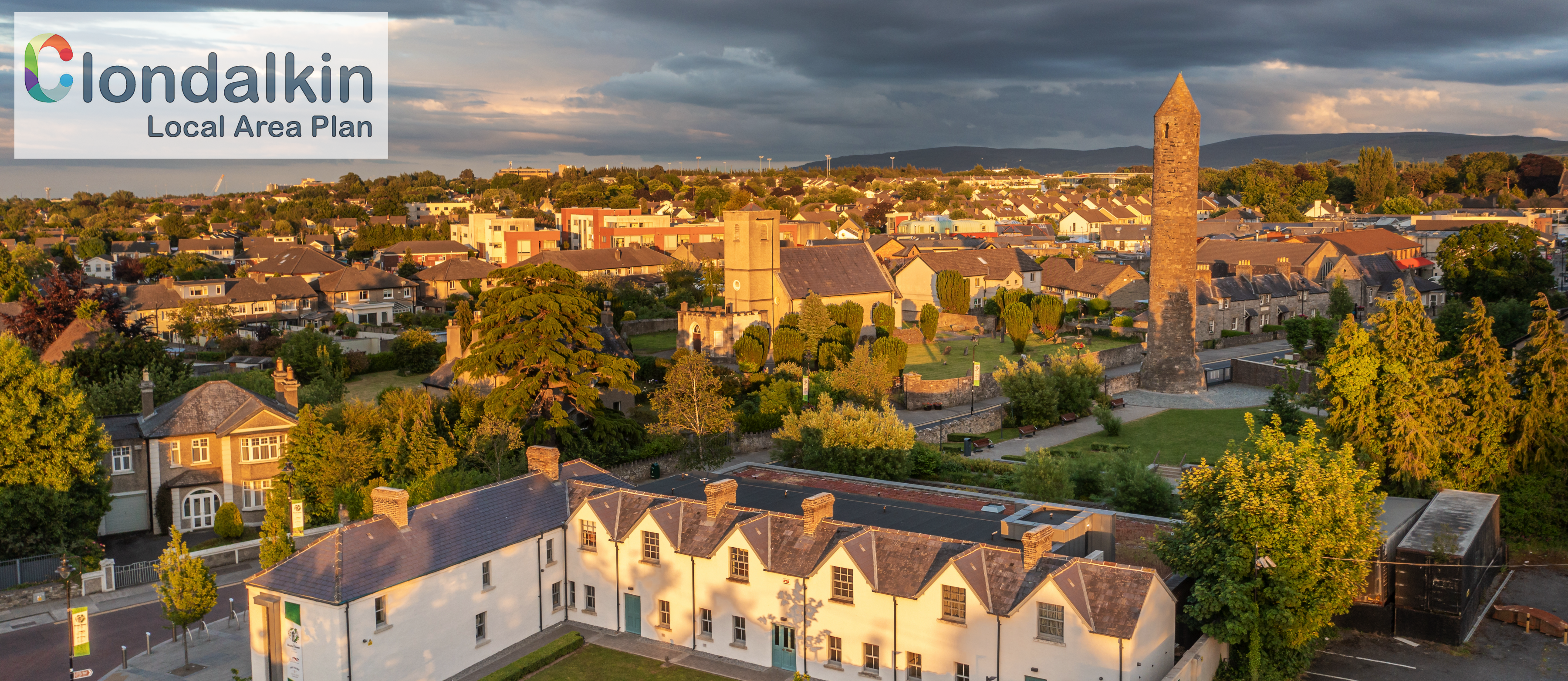 Aerial photo of Clondalkin and round tower